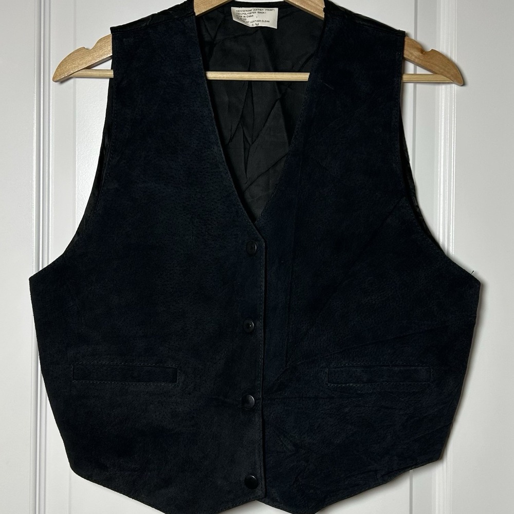 Vintage 90s Genuine Suede Leather Black Satin Back Vest Biker Western Punk Style